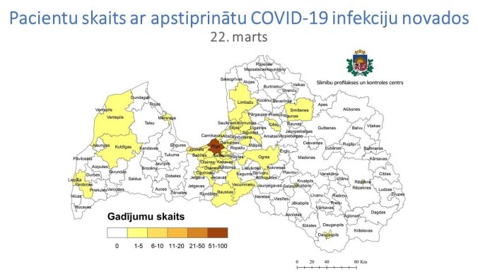 'Covid-19' izplatības karte: visvairāk saslimušo joprojām Rīgā un Jūrmalā